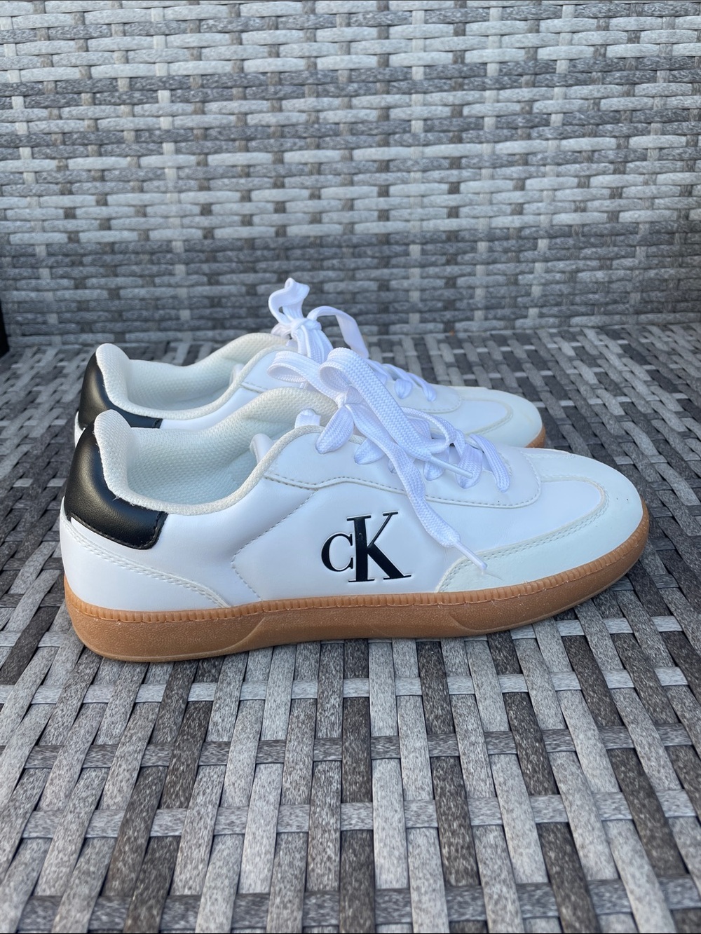 Calvin Klein White Sneakers with Black Heel and Gum Sole